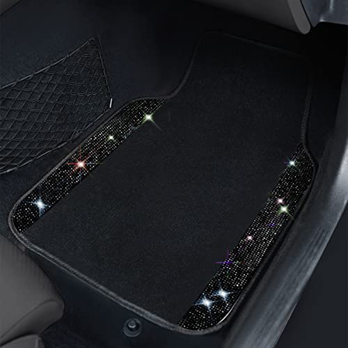 CAR PASS Bling Rhinestones Diamond Universal Waterproof Car Floor Mat, Crystal Sparkling Shining Glitter Carpet with Anti-Slip PVC Heel Pad, Automotive for SUV,Sedan,Van,4pcs Girl Women Men (Black)