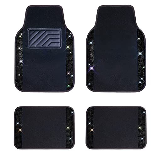 CAR PASS Bling Rhinestones Diamond Universal Waterproof Car Floor Mat, Crystal Sparkling Shining Glitter Carpet with Anti-Slip PVC Heel Pad, Automotive for SUV,Sedan,Van,4pcs Girl Women Men (Black)