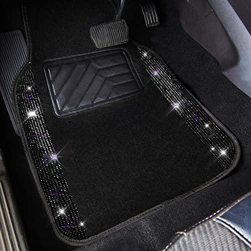 CAR PASS Bling Rhinestones Diamond Universal Waterproof Car Floor Mat, Crystal Sparkling Shining Glitter Carpet with Anti-Slip PVC Heel Pad, Automotive for SUV,Sedan,Van,4pcs Girl Women Men (Black)