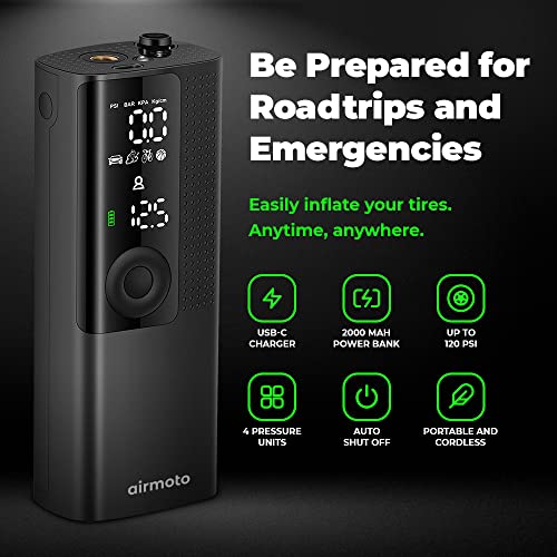 Airmoto The Original Portable Air Pump, 120 PSI Air Compressor Tire Inflator - Fits Car, Truck & Motorcycle Tires - Digital Pressure Gauge, Cordless Compact Bike Pump