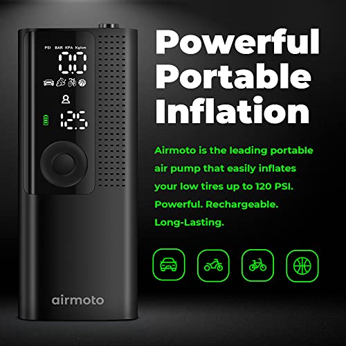 Airmoto The Original Portable Air Pump, 120 PSI Air Compressor Tire Inflator - Fits Car, Truck & Motorcycle Tires - Digital Pressure Gauge, Cordless Compact Bike Pump