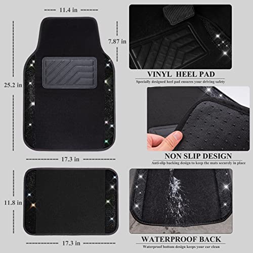 CAR PASS Bling Rhinestones Diamond Universal Waterproof Car Floor Mat, Crystal Sparkling Shining Glitter Carpet with Anti-Slip PVC Heel Pad, Automotive for SUV,Sedan,Van,4pcs Girl Women Men (Black)