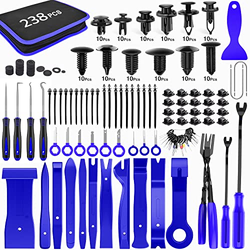 238Pcs Trim Removal Tool, Auto Push Pin Bumper Retainer Clip Set Fastener Terminal Remover Tool Adhesive Cable Clips Pry Kit Car Panel Radio Removal Auto Clip Pliers (GRC-207)