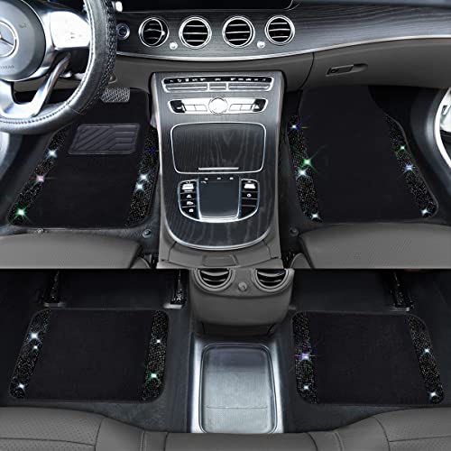 CAR PASS Bling Rhinestones Diamond Universal Waterproof Car Floor Mat, Crystal Sparkling Shining Glitter Carpet with Anti-Slip PVC Heel Pad, Automotive for SUV,Sedan,Van,4pcs Girl Women Men (Black)