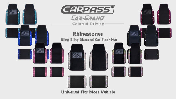 CAR PASS Bling Rhinestones Diamond Universal Waterproof Car Floor Mat, Crystal Sparkling Shining Glitter Carpet with Anti-Slip PVC Heel Pad, Automotive for SUV,Sedan,Van,4pcs Girl Women Men (Black)
