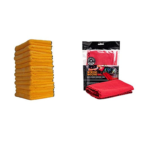 Chemical Guys MIC_506_12 Professional Grade Premium Microfiber Towels, Gold (Pack of 12) & Pet Drying Cloths & MIC707 Waffle Weave Glass and Window Microfiber Towel, Red (24" x 16")