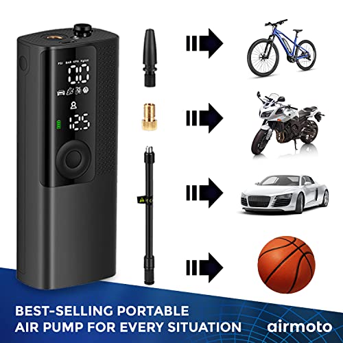 Airmoto The Original Portable Air Pump, 120 PSI Air Compressor Tire Inflator - Fits Car, Truck & Motorcycle Tires - Digital Pressure Gauge, Cordless Compact Bike Pump